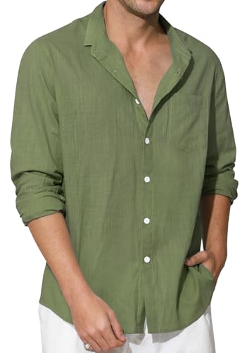 Enlision Camicia Verde Oliva Uomo in Lino Manica Lunga Estiva Camicie Cotone Collo Coreana Henley Shirts a Bottoni Tinta Unita Elegante Spiaggia M