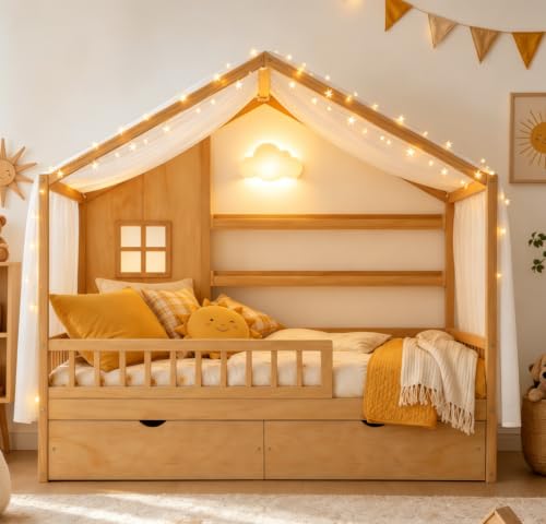 Image of Bellemave Twin House BedFrame with Canopy and Storage Drawers, Montessori Bed, House Bed with Rails for Kids, Natural