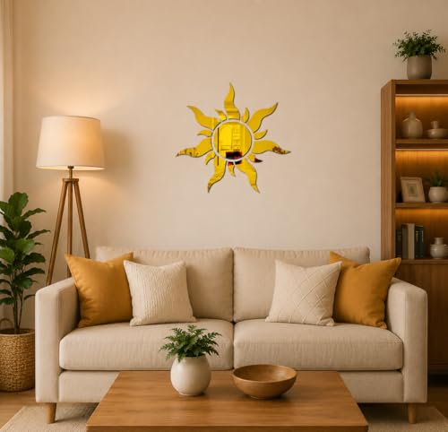 Image of Golden Sun Mirror Wall Stickers | 3D Acrylic Sunburst Mirror Sticker for Wall Decoration | Self Adhesive DIY Mirror Decals for Living Room Bedroom Hall Kitchen (Pack of 1)