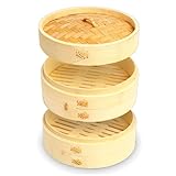 Luxus - 2 lagig - Dampfkorb - Ø21cm - Bambus Dampfgarer - Dampfkorb Bambus - Dampfkorb mit Deckel -...