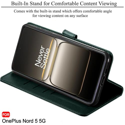 Image of TheGiftKart heGiftKart Genuine Leather Finish Flip Back Cover Case for OnePlus Nord 5 5G | Inbuilt Pockets & Stand | Wallet Style | Designer Button Magnet Flip Back Cover Case (Faux Leather, Green)