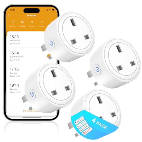 SURFOU Smart Plug Timer Socket Wi-Fi with Energy Monitoring, Mini Remote Control Plug Socket Works with Amazon Alexa, Google Home and SmartThings, App Smart Life/Tuya, No Hub Required, 13A, 4 Packs
