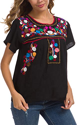 YZXDORWJ Women's Embroidered Mexican Peasant Blouse Mexico Summer Shirt Short Sleeve2