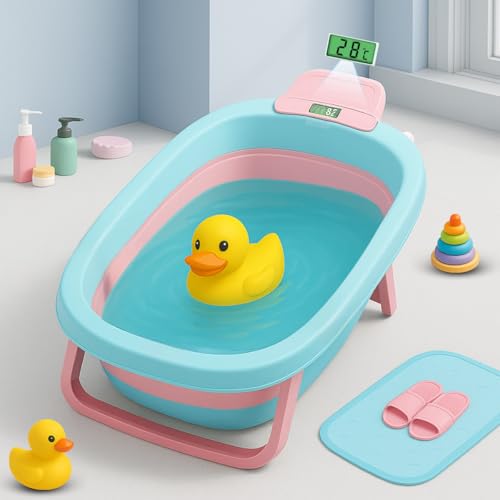 Image of Little Olive Baby Bath Tub with Temperature Display | Foldable and Antislip Design | Safe Plastic Tub for Infants and Toddlers (0 to 3 Years) | Pink and Blue