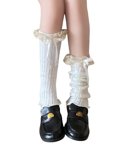 Leoparts Girls Knit Leg Warmers Ribbed Lolita Ribbon Bow Lace Trim Knee High Leg Sleeve Socks for Women