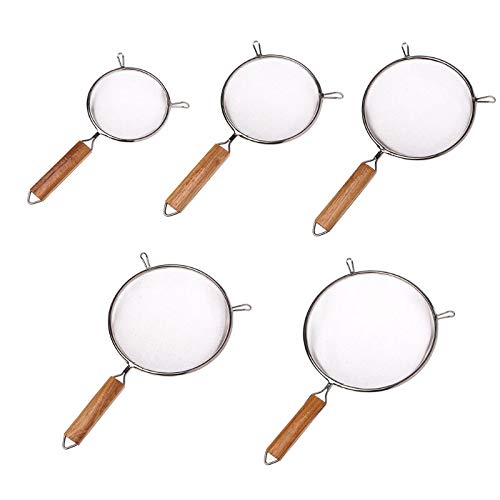 Küchensieb für Lebensmittel, feinmaschiges Sieb, Edelstahl, Doppelgitter-Sieb, Siebsieb, Holzgriff, Netzsieb (Größe: 18 cm)