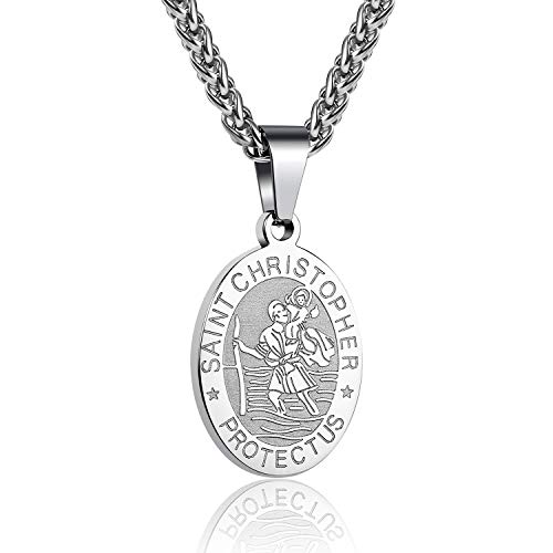 RS Stainless Steel St Christopher Pendant Necklace for Men Boys Saint Christopher Medal with Chain 24 Inches