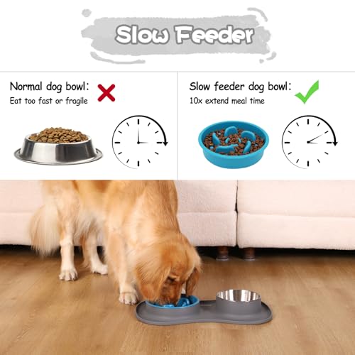 MateeyLife Dog Food and Water Bowl Set 3 in 1, Dog Bowls Slow Feeder & Stainless Steel Water Bowl with Non-Spill Silicone Mat, Cat and Puppy Bowls Pet Dishes for Small Medium Large Breed Anti-Choking - Image 4
