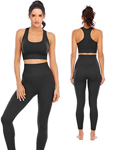 Workout Sets for Women 2 Piece High Waisted Seamless Leggings with Padded Sports Bra Sets Yoga Outfit Jogging Gym Clothes, Black Crop Top, Medium