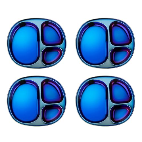 Ahimsa Stainless Steel Kids Divided Plates, Iridescent Blue, 4 Plates