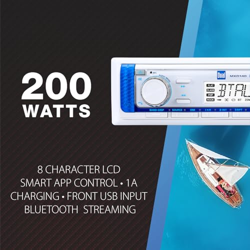 Image of Dual Electronics MXD140 Marine Stereo Bluetooth Single DIN Weatherproof AM /FM | Weatherproof receiver for boats, sunlight-readable LCD, USB port with 2.1A charging, AM /FM tuner, white single-DIN design