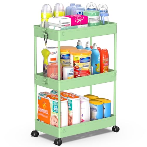 Image of SPACEKEEPER Green 3-Tier Rolling Storage Cart, Bathroom & Kitchen Organizer, Modern Plastic Frame, Adjustable Shelves