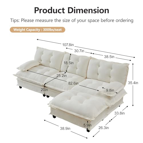 Image of 108 inch Sectional Sleeper Sofa with Ottoman, L Shaped Modular Deep Seat Couches for Living Room Apartment, Flexible Module Combination Cloud Sofa with Spring Support, Easy Assembly, White