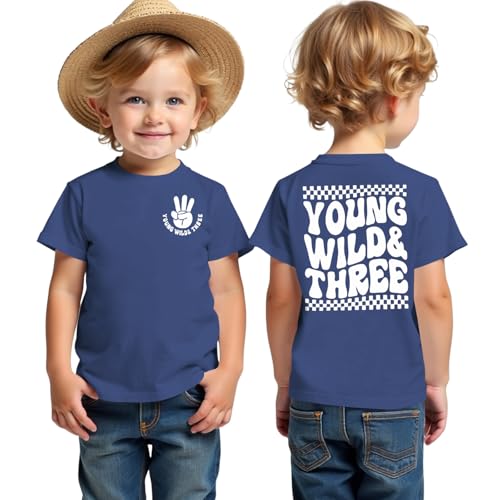 BOUTIKOME Young Wild and Three Birthday Boy Shirt 3rd Birthday Outfit 3 Year Old Boy T-Shirt Third B-Day Party Tees Tops(Blue 3T)