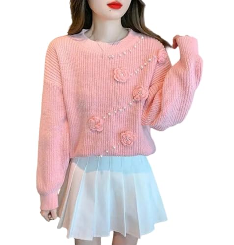 Women's Round Neck Long Sleeve Short Sweater with Nails Beading