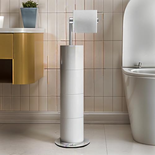 Ewhare Silver Free-Standing Toilet Roll Holder with Heavy Duty Weighted Base, Stainless Steel Bathroom Toilet Paper Stand with Reserve Storage, Rustproof and Space-Saving Design