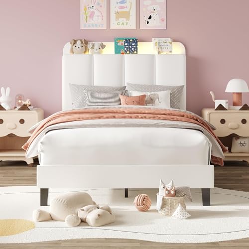 BarnFurin Twin Bed Frame with LED Lights, Upholstered Platform Bed