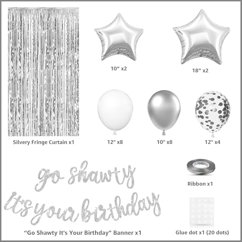 Silber Go Shawty It's Your Birthday Banner Ballons Dekorationen, Glitter Silber Geburtstag Banner mit Fransen Vorhang weiß Ballon Stern Folie Ballon für Mädchen Frauen Männer Hip Hop Rap Thema Party