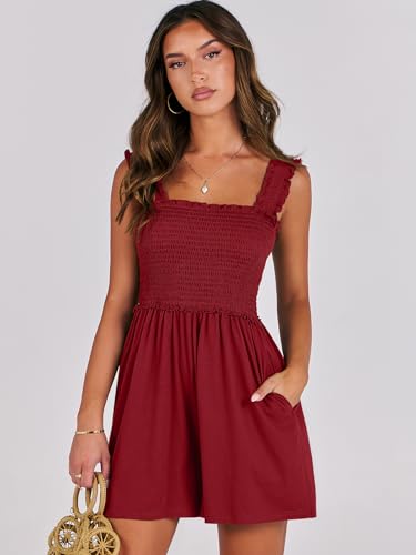 Caracilia Women's Summer Casual Smocked Rompers Square Neck Sleeveless Loose Shorts Jumpsuit 2025 Beach Vacation Outfits