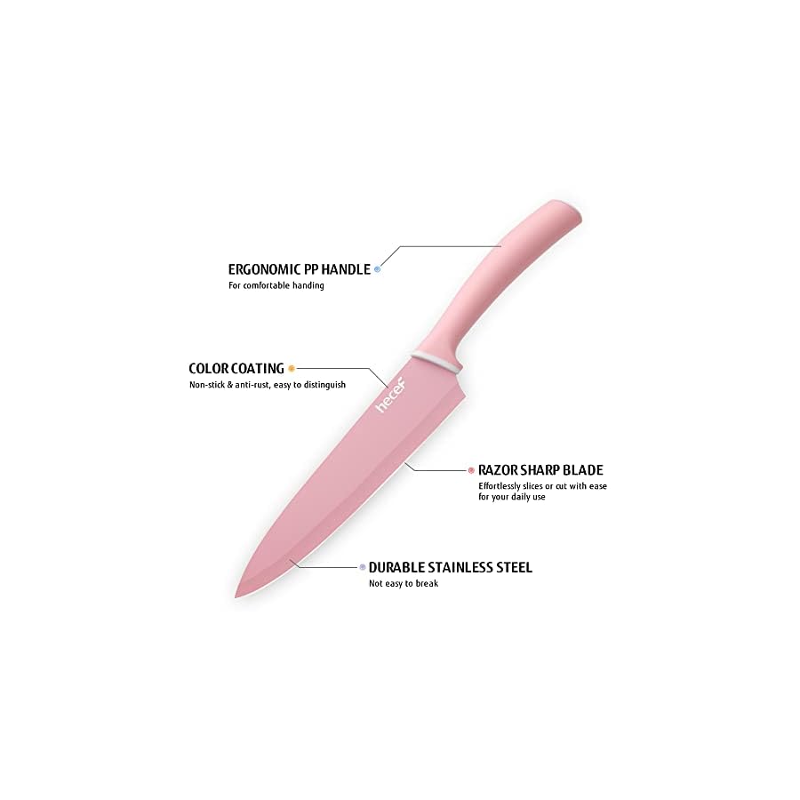 hecef Colorful Knife Set, 6 Pieces Kitchen Knife Set with Covers, Dishwasher Safe, Stainless Steel Colour Coded Non-Stick Cooking Knife Set Including Paring, Utility, Bread, Carving