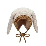 [VNGOLERRY] ベビー帽子 ニット帽 男の子 女の子 ボンネット モコモコ 暖かい 防寒 ナチュラル うさぎ うさ耳 可愛い 長耳 子供 秋冬 ふわふわ あご紐 月齢フォト 年賀状 (アイボリー)