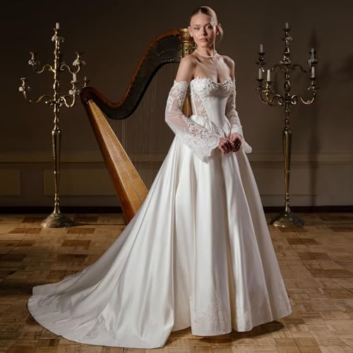 Off Shoulder Long Sleeve Satin Wedding Dresses A-Line Lace Applique Corest Bridal Gowns for Brides2