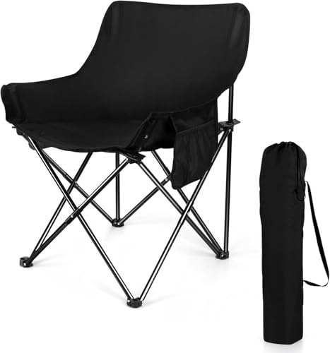 Image of Folding Camping Chair for Adults with Carry Bag, Portable Outdoor Moon Chair, Heavy Duty Steel Frame & Nylon Base Fabric for Camping, Beach, Fishing, Picnic, Lawn & Travel (Khakhi) (Black)