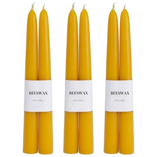 6Pcs Beeswax Taper Candles 9 Yellow Dripless & Smokeless Dinner Candles Long Burning Time 10H