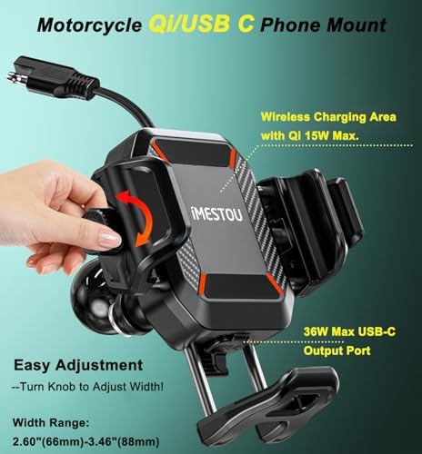 iMESTOU Suporte de telefone para motocicleta com carregador sem fio de 15 W e porta USB-C 36 W, carr
