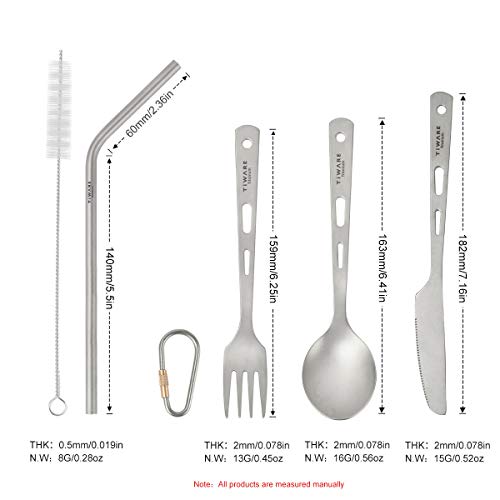 Titanium Knife Fork Spoon Drinking Straw Ultra-Light Weight Tableware Durable Flatware Cutlery Set W. With Carabiner Clip Reusable Eco-Friendly For Hiking Camping Scouting Outdoor Sports Long Lasting #TOP1