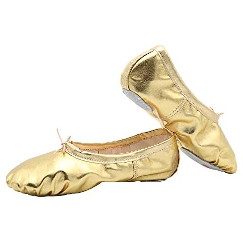Womens Leather Ballet Belly Slippers Ballroom Dance Shoes with Suede Split-Sole Gold Size: 4 UK Cover