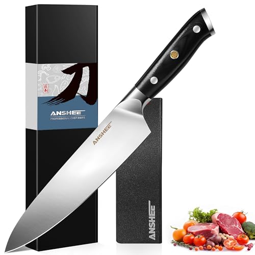 ANSHEE 8 Inch Gyuto Chef Knife - High Carbon Stainless Steel Ultra Sharp Blade,G10 handle Dishwasher Safe, Professional Kitchen Knife for Meat,Vegetables with Sheath Gift Box(Home Cooks & Restaurants)