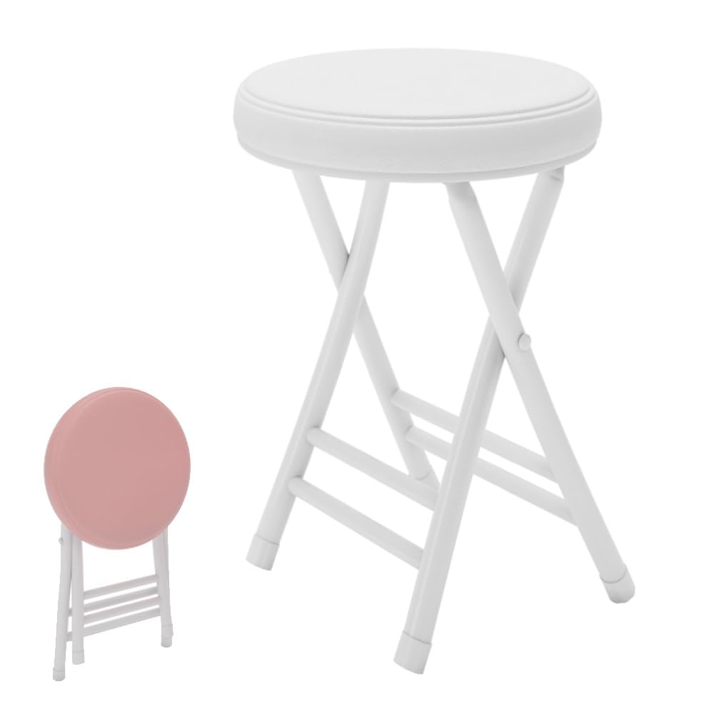 Plegable Taburete De Bar Acolchado Redondo, Taburetes Altos De Cocina, Taburete De Mostrador con Reposapiés, Ergonómica, Sin Instalación/Altura 50cm(White)
