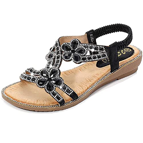 Dacomfy Flache Sandalen für Damen, Strasssteine, Bohemian-Stil, mit Perlen, Glitzer, Kleid, Sandalen, elastisches Band, Sommer, Strandschuhe Cover