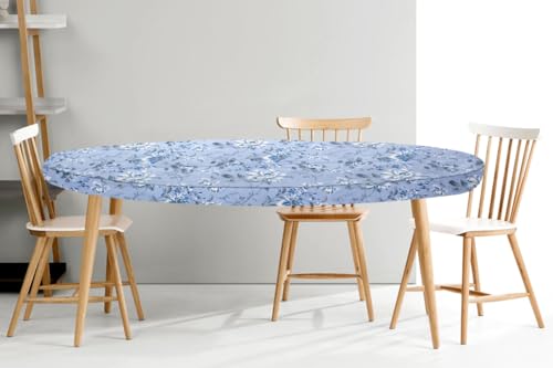 Image of The Furnishing Tree Elastic Cotton Oval Dining Table Cover 42x72 in Inches Floral White Rose on Blue Base