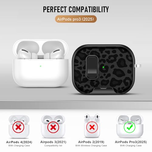 Image of Compatible Airpods Pro 3 Case (2025) with Phone Stand & Cleaner Kit,Cute Soft Silicone Lock Clip Apple AirPods Pro 3rd Generation Case, Airpod Pro 3 Cover with Keychain for Women /Girls,Leopard Print
