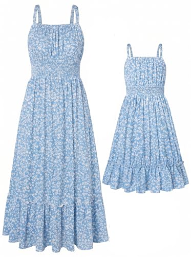 GRACE KARIN Mommy and Me Floral Smocked Dress,Spaghetti Strap Boho Dress,Summer Maxi Dress with Pockets