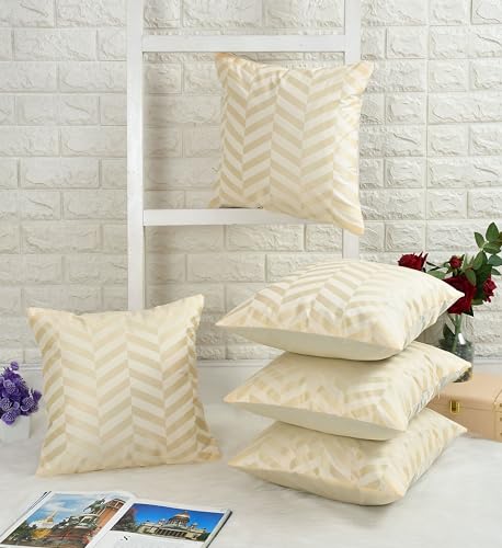 Image of TEXIVA Premium Velvet Cushion Covers Set of 5, 16x16 Inch Sofa Cushion Covers with Hidden Zipper, Modern Chevron Pattern - White
