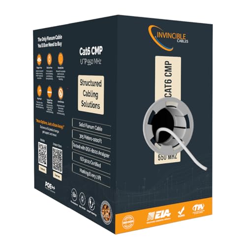 Cat6 Plenum Cable 1000ft | 0.57mm 100% Pure Copper 550MHz 23AWG UTP | DSX-8000 Analyzer Tested Up to 100m | 10Gb PoE++ | Industrys Most Certified Cable | Available in 7 Colors (White)