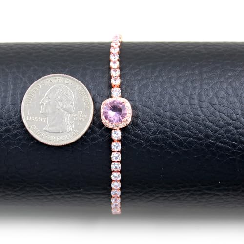 Image of Rose Plated Gold Brass Box Chain Cubic Zirconia Classic Tennis Slider Adjustable Bracelet, Round Big Zircon Charm Give Woman Mom Mother's Day Fashion Crystal Gift
