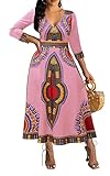 African Dress for Women Print Maxi Dress Sexy V Neck Dashiki Party Dresses Elegant Bohemian Long Sleeve Prom Attire Flowy Cocktail Tropical Vintage Outfits A-Pink