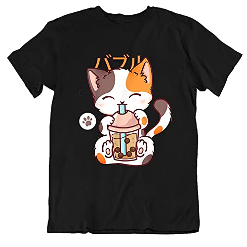 Bubble Tea Cute Cat Anime Kawaii T Shirt (Small, Black, s)