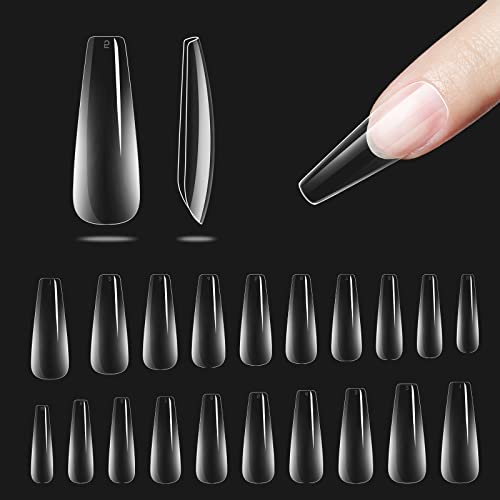 Beetles Gel Tips Refill Pack Coffin Long Shape, 200pcs NO.5 Separate Size Pre-shaped Clear Full Cover False Nails, Easy Nail Extensions Acrylic Nails False Press on Nail Tips Fast Nails Art UV LED Lamp Easy DIY Acrylic Nail Kit
