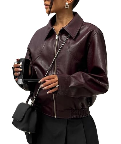 SOMTHRON Women's Oversized Faux Leather Jacket Long Sleeve Boyfriend Motorcycle Full Zip Up Bomber Coats Outerwear