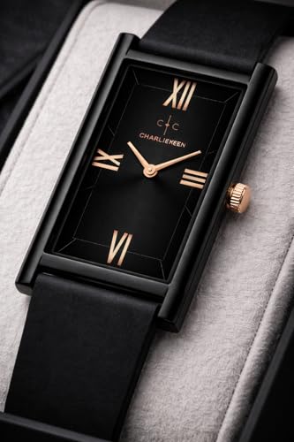 Image of CHARLIEKEEN Rectangular Wristwatch, Black Dial with Rose Gold Roman Numerals, Silicone Strap, Elegant Style