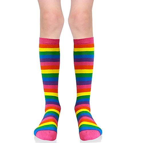 juDanzy Knee High Socks with Grips for Babies, Toddlers and Children (1 Pair) (6+ Years, Bright Rainbow Stripe)
