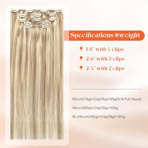 Image of Sunny Hair Clip in Hair Extensions Real Human Hair Blonde | 12 Inch Remy Hair Extensions Clip in Golden Blonde Highlights Give Blended Ends, Natural Movement Soft Texture at Party 85g