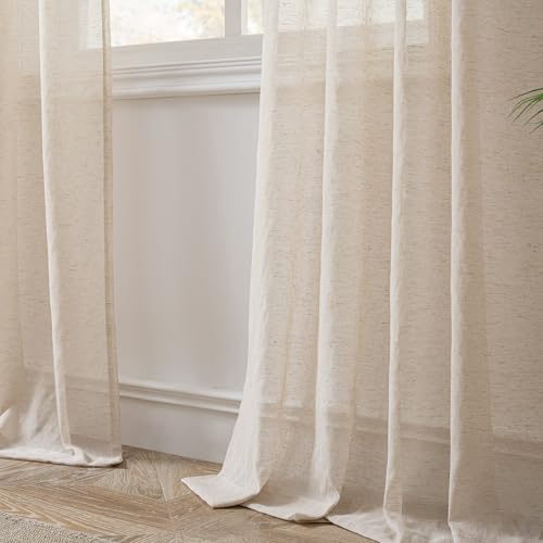 Image of FMFUNCTEX Linen Sheer Curtains for Bedroom, Taupe Curtains 96 inches Long for Living Room, Brown Farmhouse French Flax Blend Window Draperies, Rod Pocket 2 Panels Set