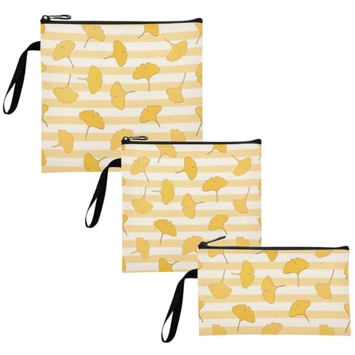 Yellow White Striped Ginkgo Biloba Leaf 3-Pack Reusable Zipper Snack Bags Multi-Use Food-Safe Storage Zipper Bag for Women Girls Trip