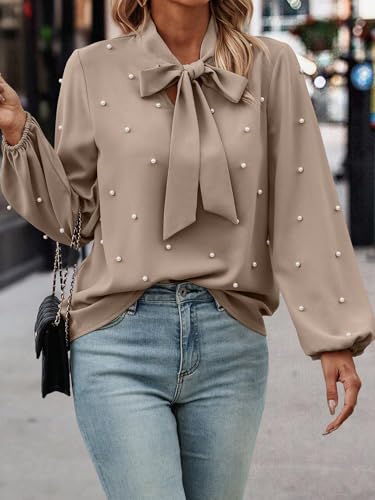 SweatyRocks Women's Pearls Bow Tie Mock Neck Long Sleeve Shirts Casual Loose Fit Blouse Top4